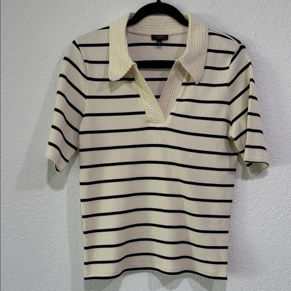 Talbots Large Petite Cream Ribbed Short-Sleeve Polo with Black Stripes